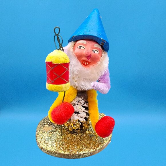 Vintage 1950s Putz Gnome Lantern Ornament Japan Elf Blue Hat Chenille Holiday - Picture 3 of 10